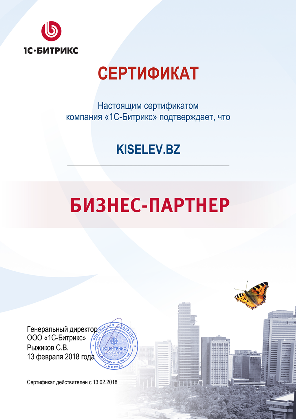 Сертификат партнёра по СРМ системам в Чистополе